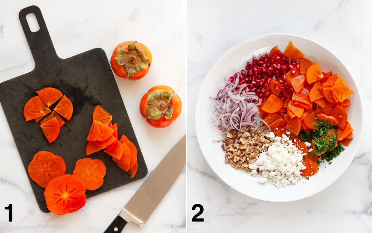 Sliced persimmons on a cutting board. Salad ingredients in a bowl.