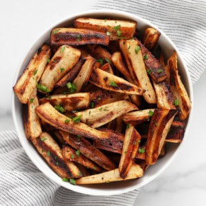 Roasted parsnips in a bowl.