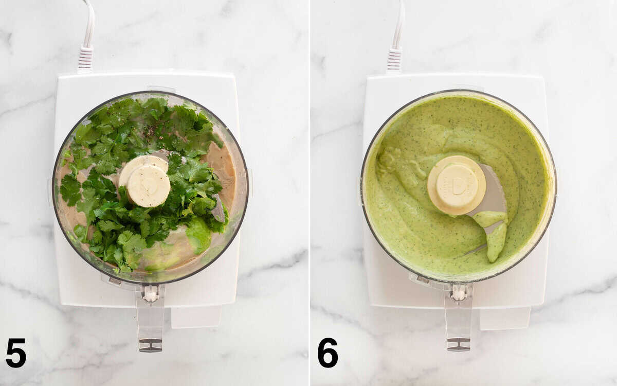 Avocado tahini sauce ingredients in a food processor before and after they are pureed.