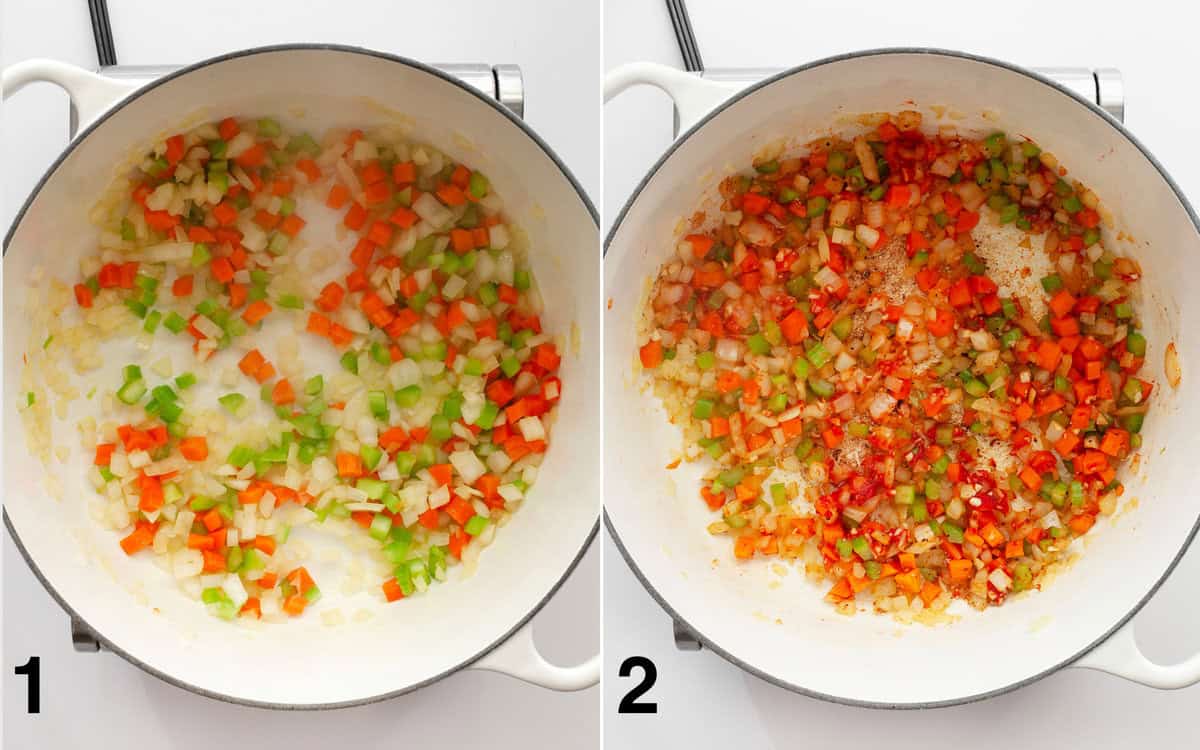 Onions, carrots and celery sauteing in a dutch oven. Tomato, paste, garlic and seasonings stirred into vegetables.