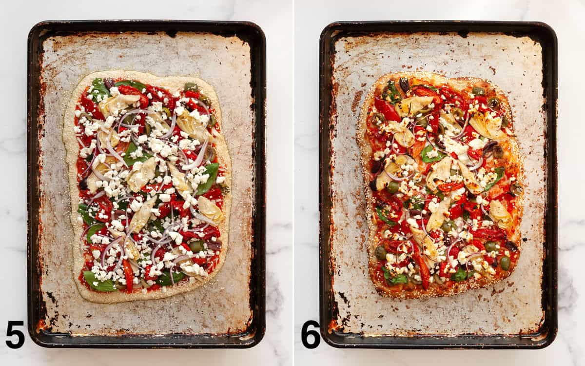 Assembled pizza on a sheet pan before and after it bakes.