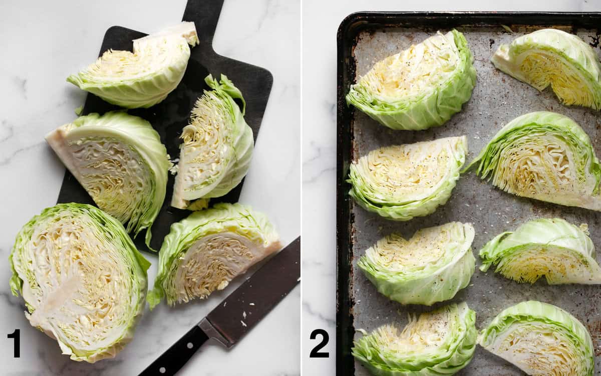 Cabbage wedges sliced on a cutting board. Cabbage on a sheet pan.