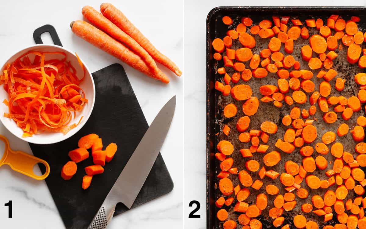 Peeled and cut carrots on a cutting board. Raw carrots on a sheet pan tossed with oil and spices.