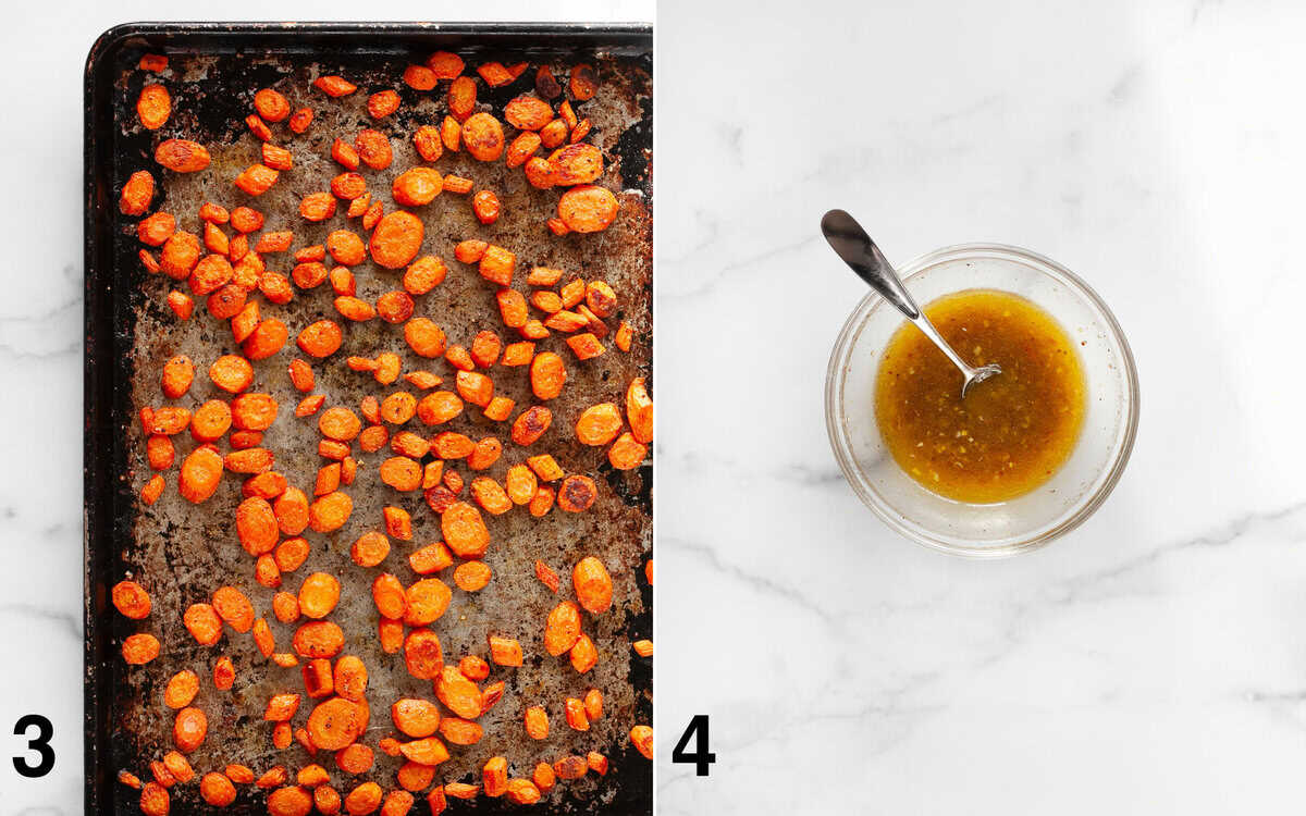 Roasted carrots on a sheet pan. Vinaigrette in a small bowl.