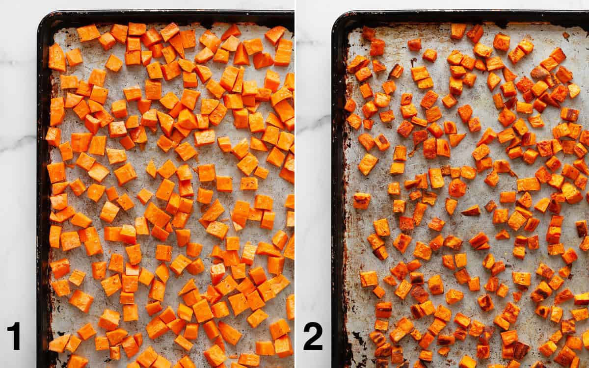 Diced sweet potatoes on a sheet pan before and after they are roasted.