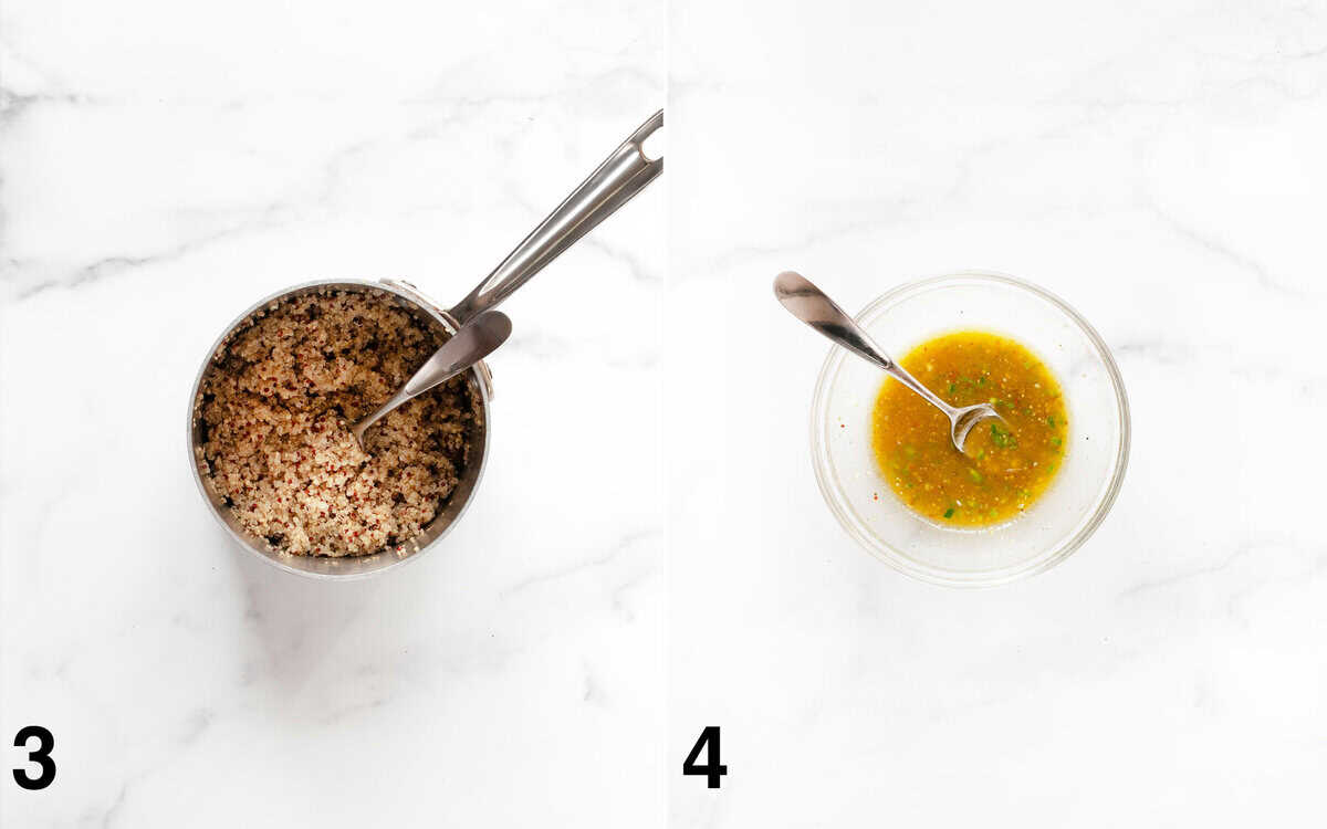 Quinoa in a small pot. Dressing whisked in a small bowl.