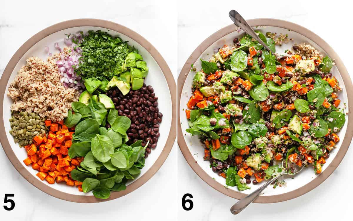 Salad ingredients in a large bowl. Dressing tossed into salad.