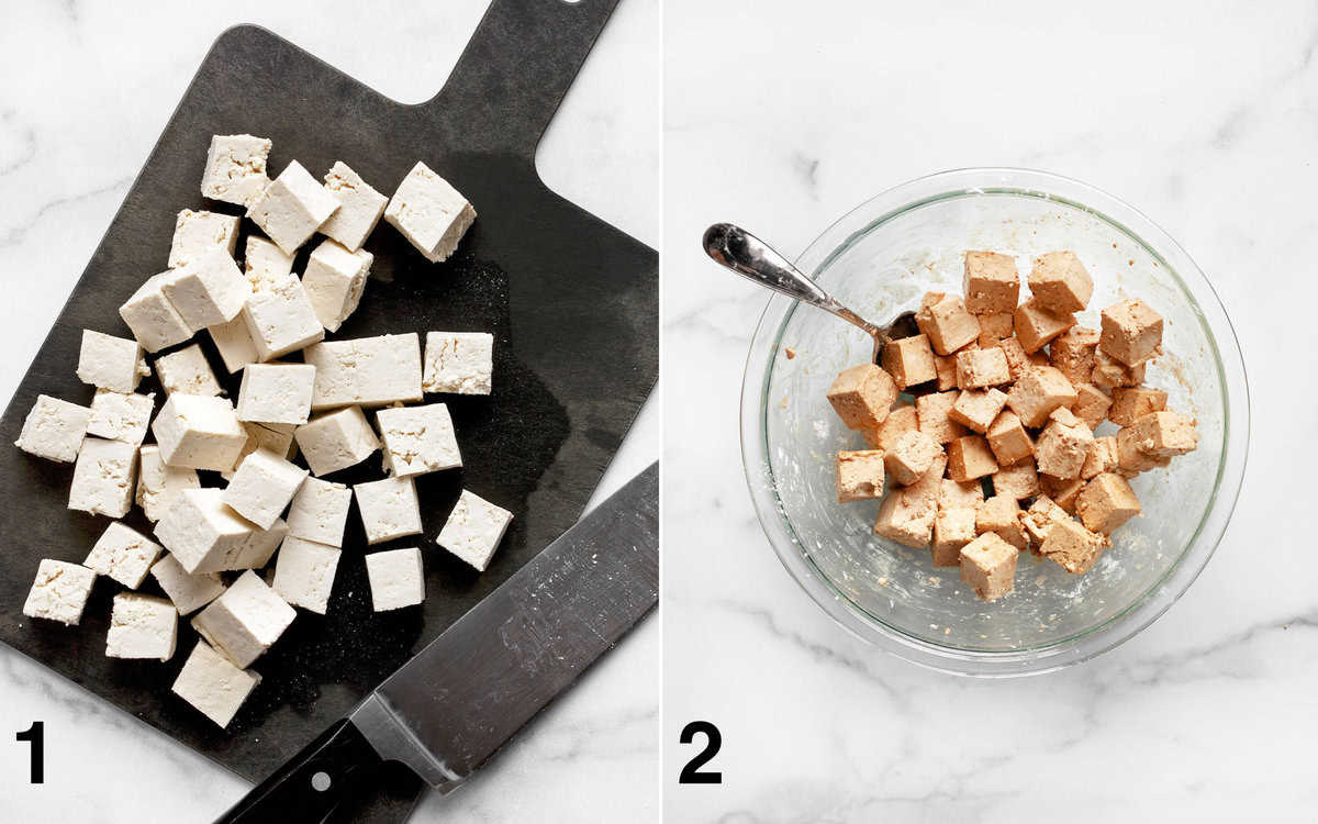 Tofu cut into cubes on a cutting board. Tofu stirred with marinade in a bowl.