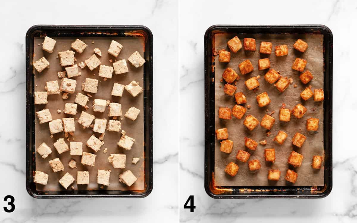 Tofu on a sheet pan before and after it's baked.