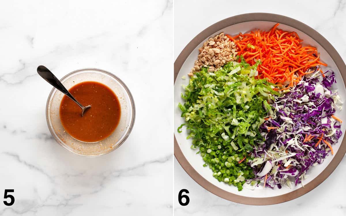 Dressing stirred into a small bowl. Salad ingredients in a large bowl.