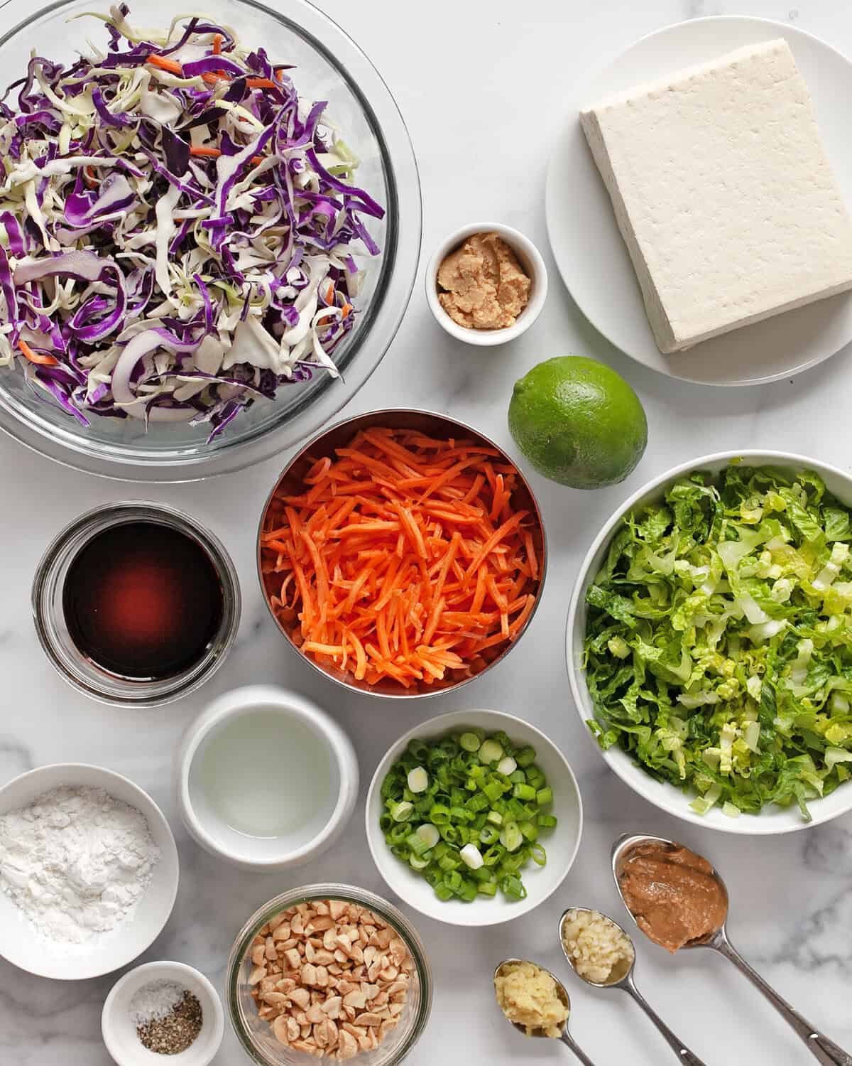 Ingredients including cabbage, tofu, carrots, romaine, lime, soy sauce, scallions, peanuts, garlic, white miso paste and oil.