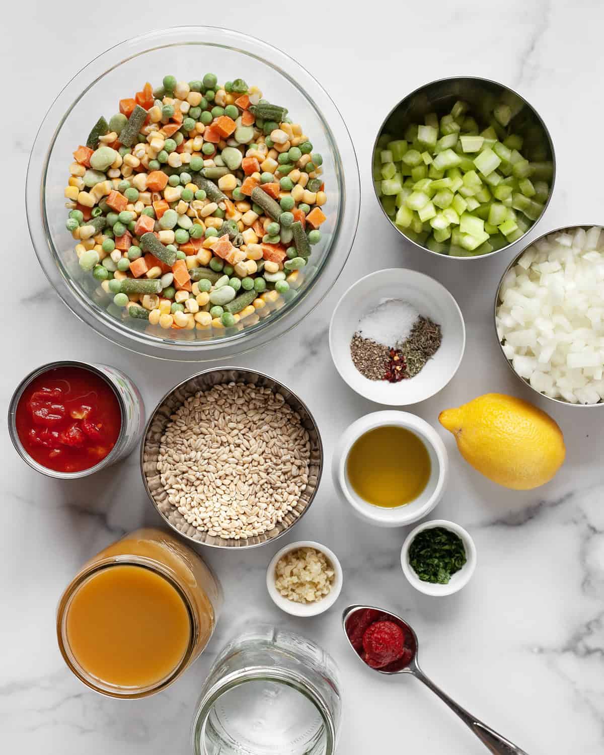 Frozen vegetables, barley, canned tomatoes, water, olive oil, garlic, spices, onions, celery, broth and lemon.