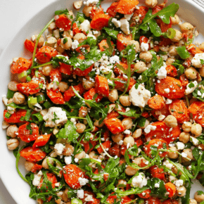 Roasted carrot chickpeas salad on a plate.