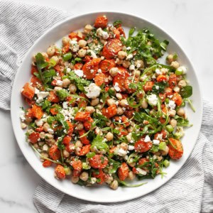 Roasted carrot chickpeas salad on a plate.