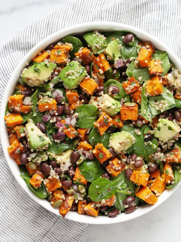 Roasted sweet potato black bean salad in a bowl.