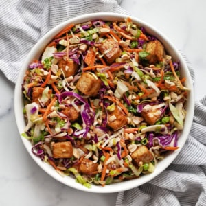 Crispy baked tofu salad in a bowl.