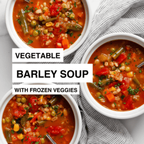 Three bowls of veggie barley soup.