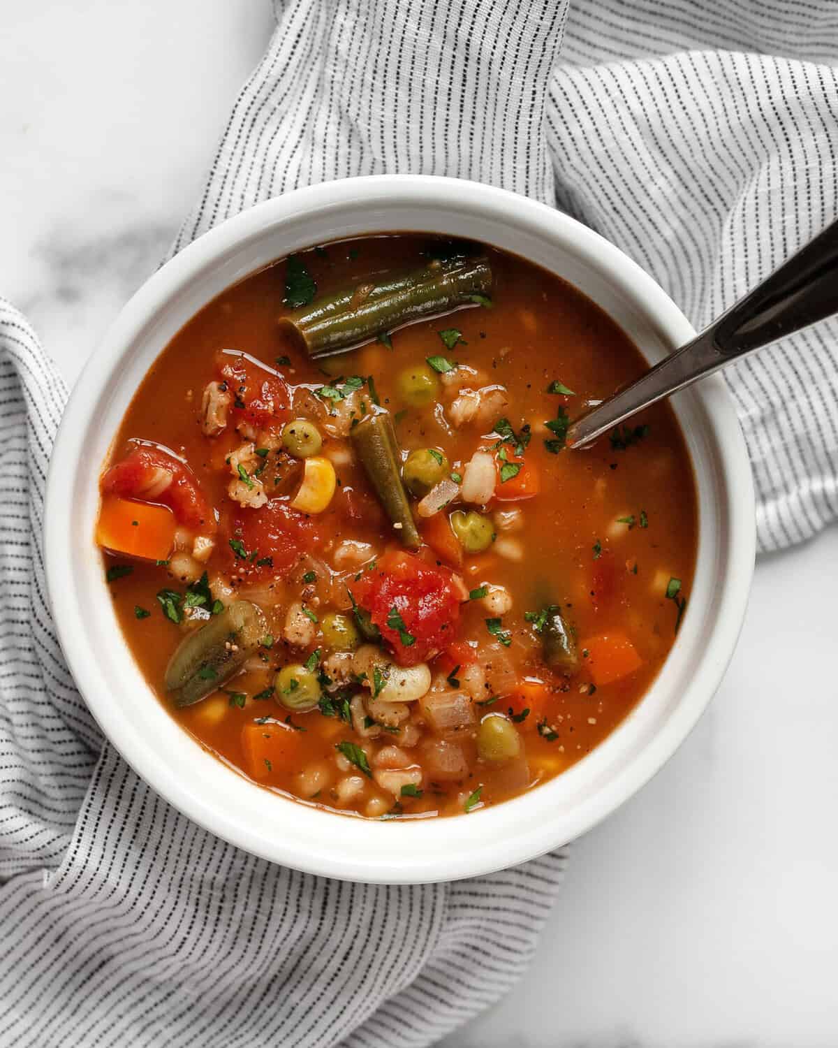 Bowl of vegetable barley soup.