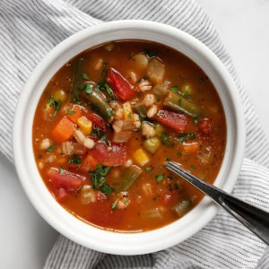 Bowl of vegetable barley soup.