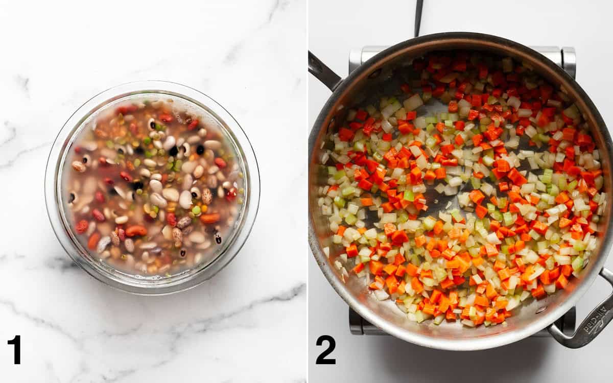 Dried bean mix soaking in a bowl of water. Onions, carrots and celery sauteing in a skillet.