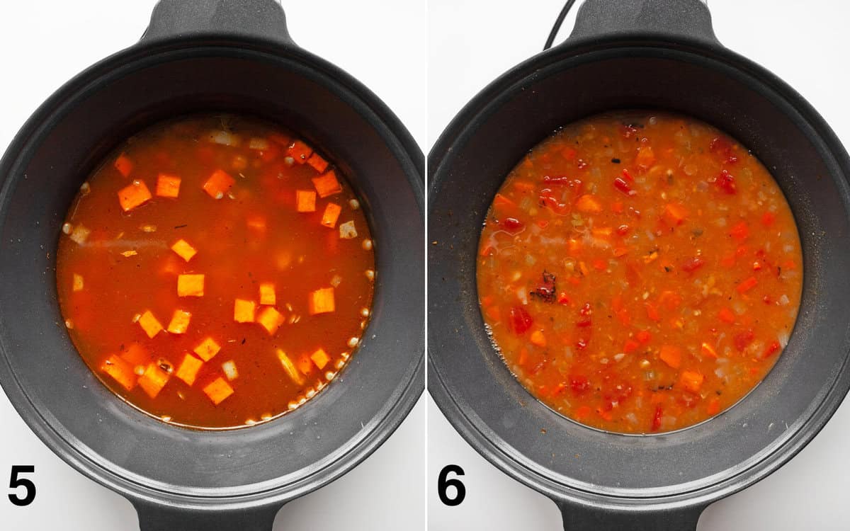 Ingredients in slow cooker before and after they cook for 4 hours.