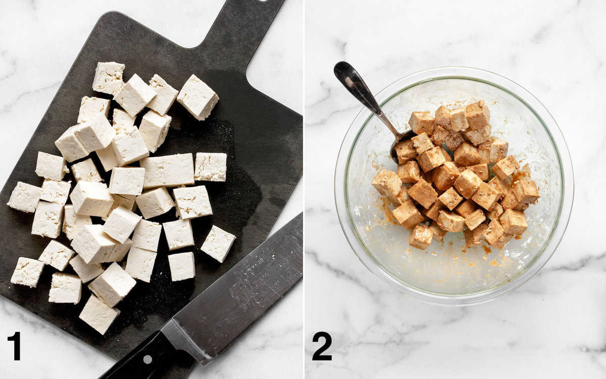 Cubed tofu on a cutting board. Marinated tofu in a bowl.