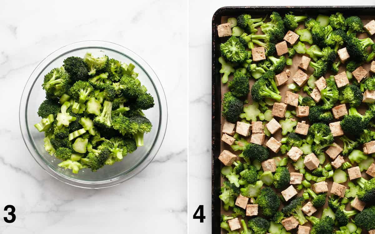 Raw broccoli tossed with oil, salt and pepper in a bowl. Broccoli and tofu on a sheet pan before they go in the oven.