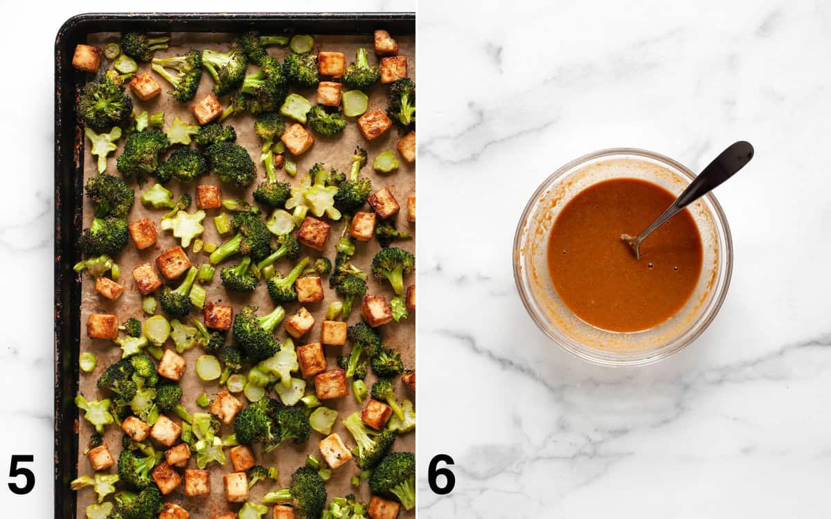 Roasted broccoli and tofu on a sheet pan. Peanut sauce in a small bowl.