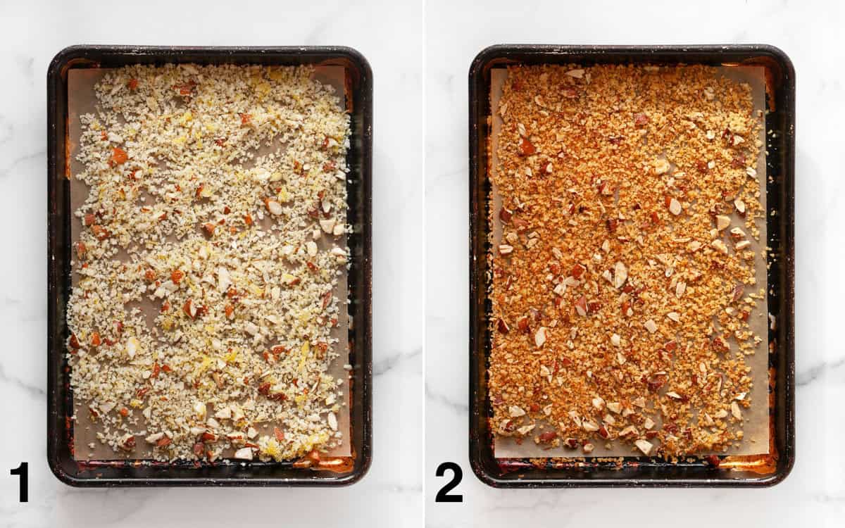 Breadcrumbs on a sheet pan before and after they are toasted.