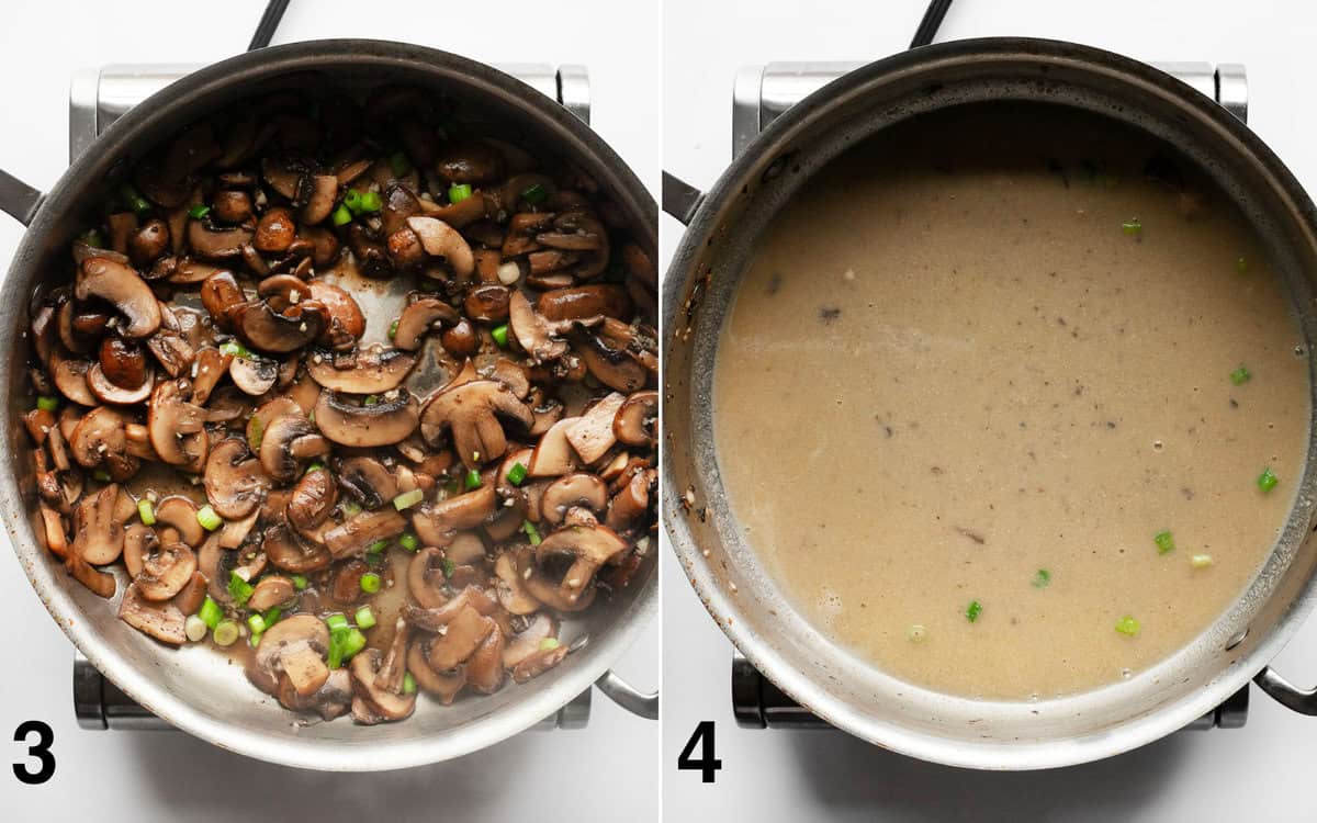 Garlic and scallions sautéed with mushrooms. Sauce melted in a saute pan.