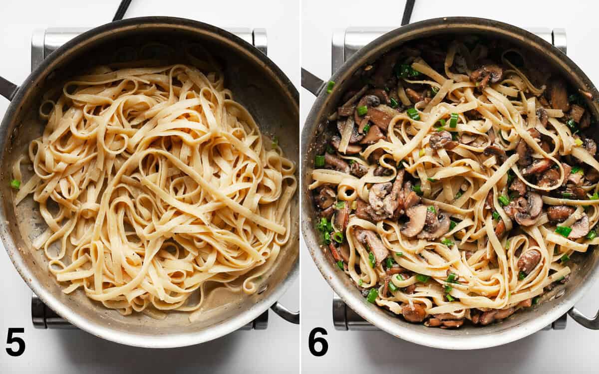 Pasta stirred into sauce. Mushroom, scallions and parley folded into pasta.