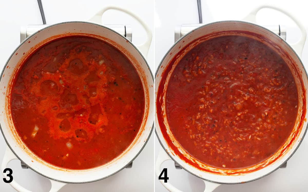 Canned tomatoes, broth and rice poured into sautéed onions in the pot. Soup simmering until it thickens.