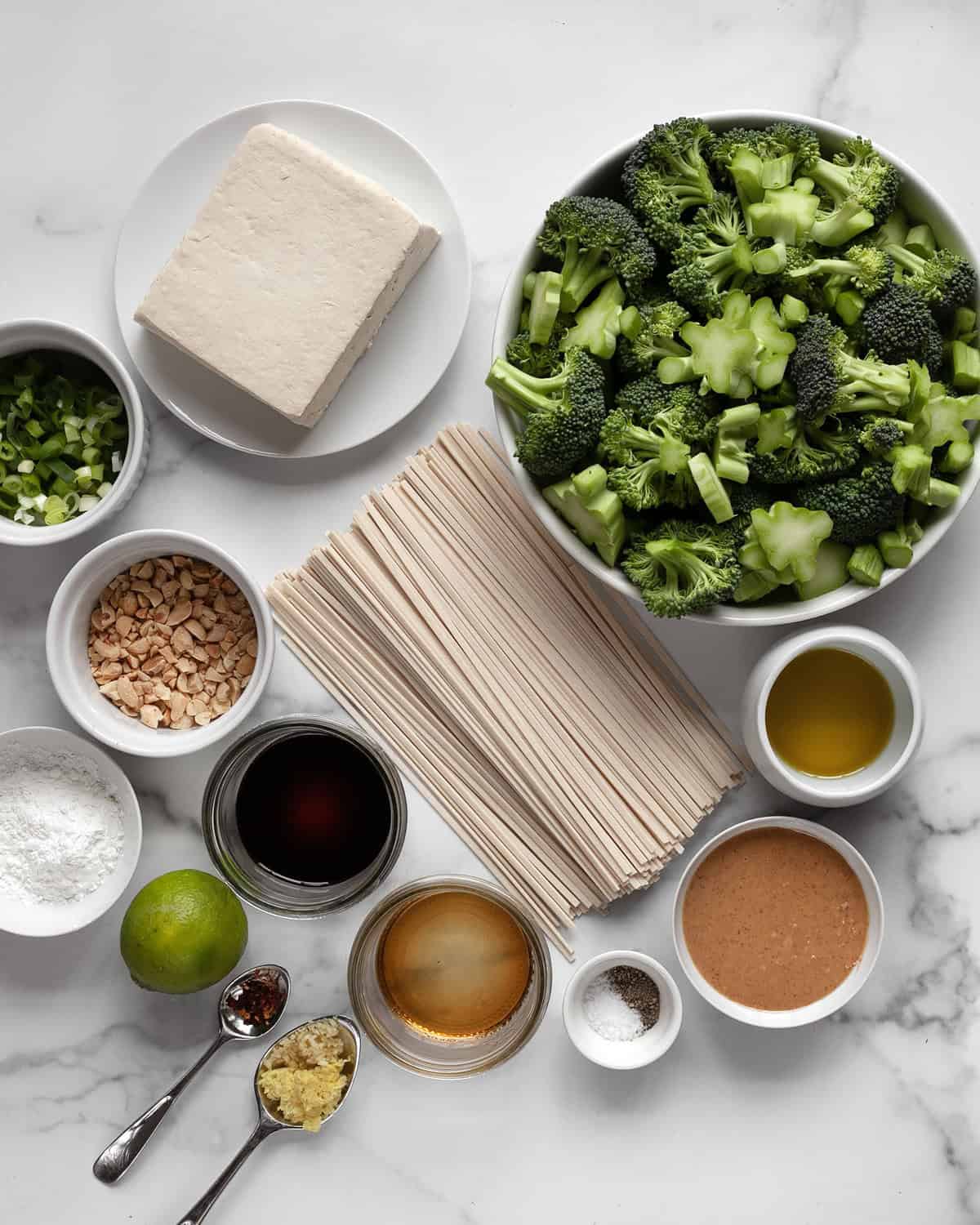 Ingredients including tofu, broccoli, udon noodles, scallions, peanuts, garlic, ginger, peanut butter, soy sauce and lime.