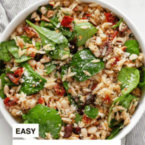 Lemon orzo pasta salad in a bowl.