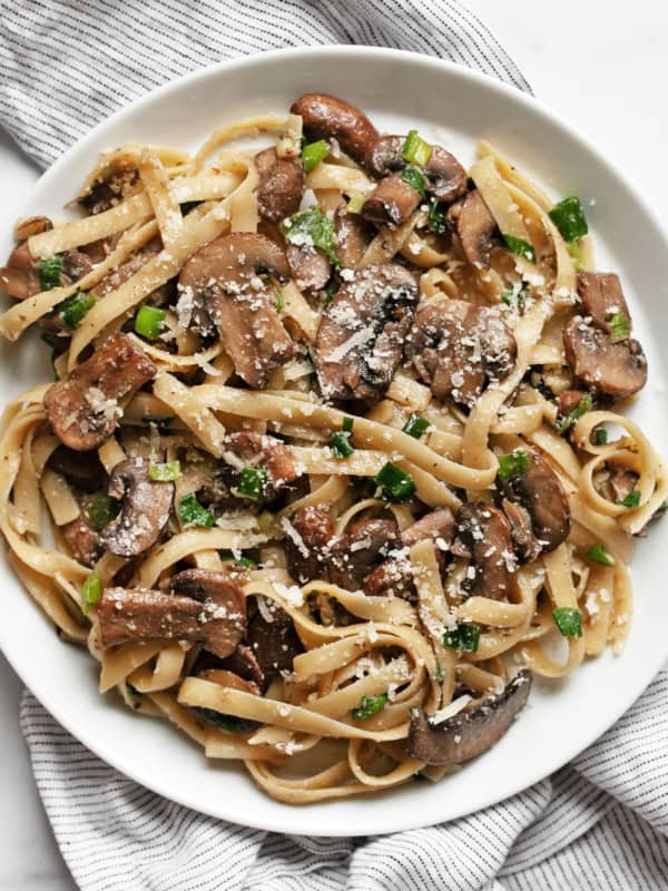 Miso mushroom pasta on a plate.