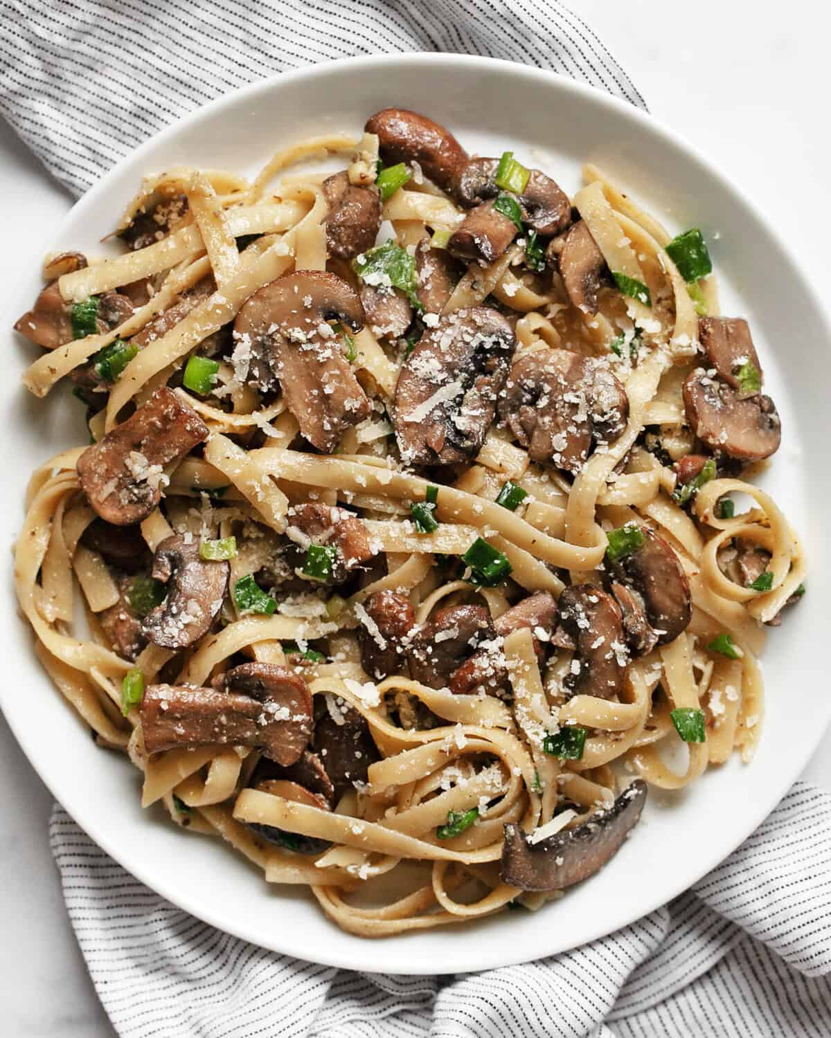 Miso mushroom pasta on a plate.