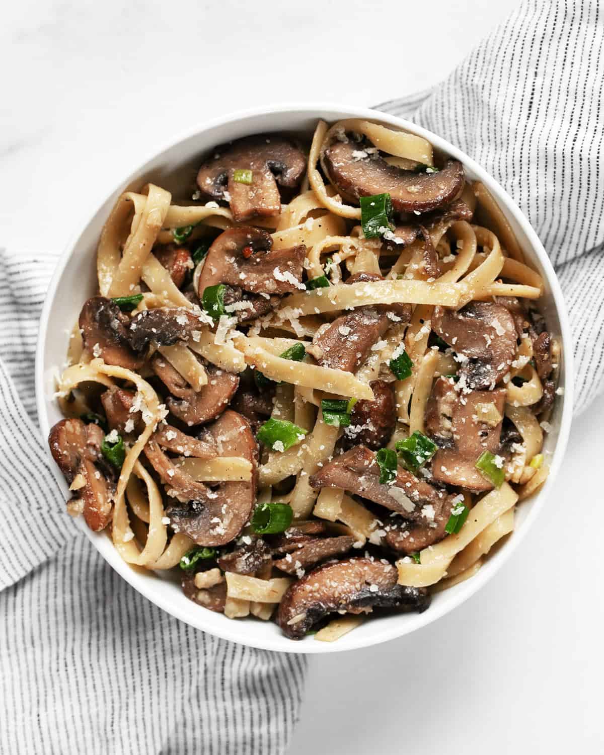 Miso mushroom pasta in a bowl.