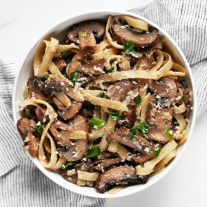 Miso mushroom pasta in a bowl.