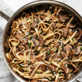 Miso mushroom pasta in a skillet.