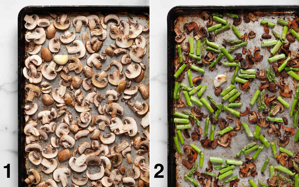 Sliced mushrooms on a sheet pan before they roast. Asparagus tossed with roasted mushrooms on a pan.