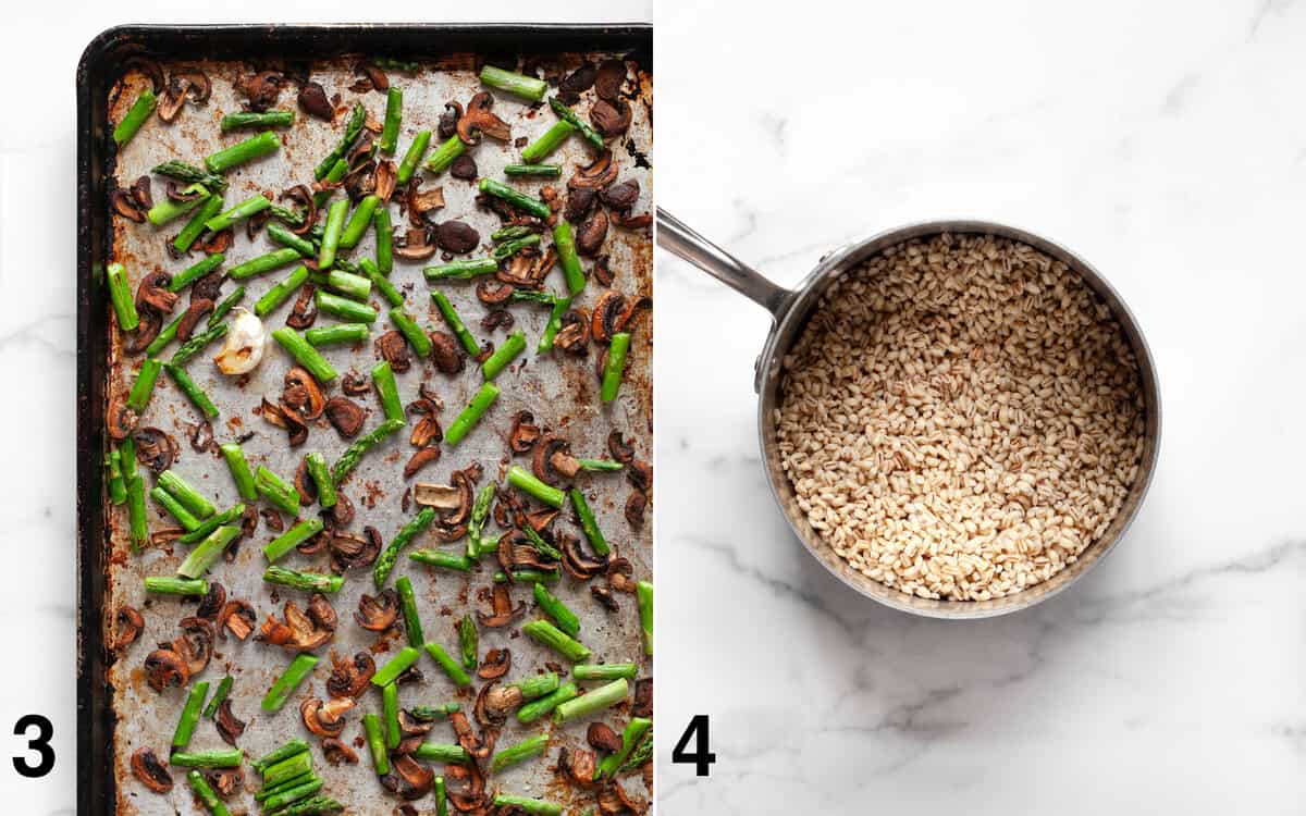 Roasted mushrooms and asparagus on a sheet pan. Cooked barley in a small pot.