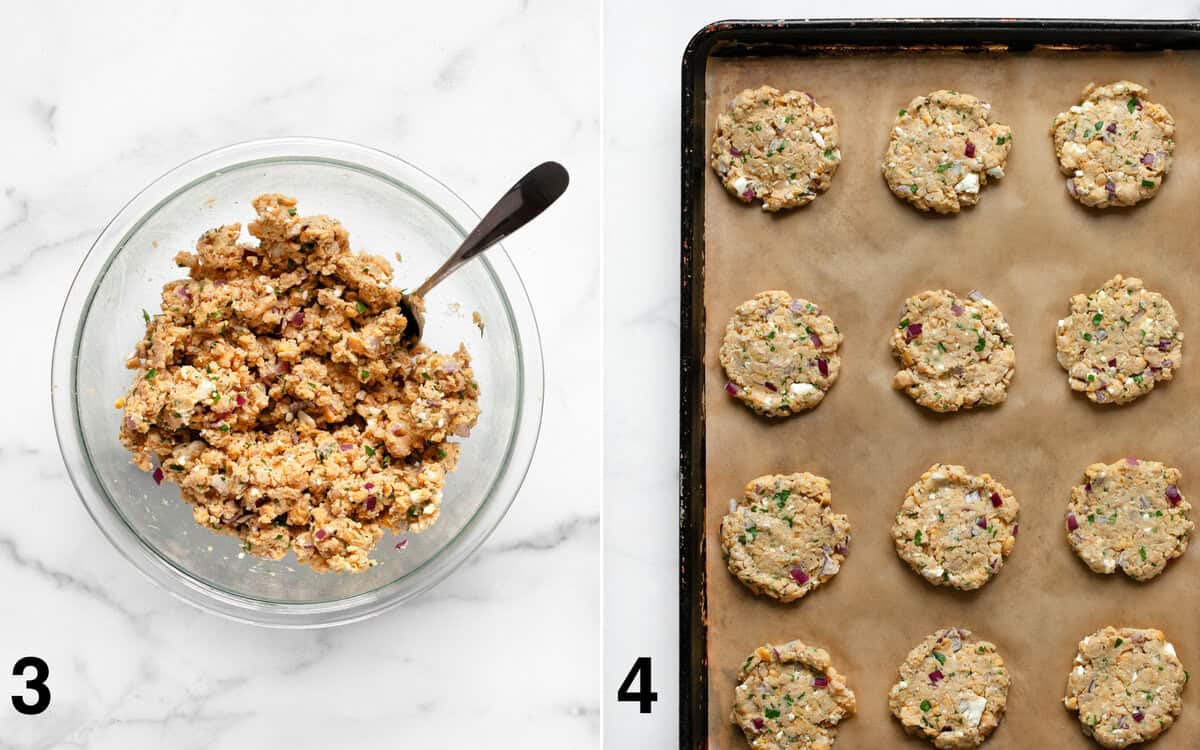 Egg and feta stirred with chickpea mixture. Chickpea patties on a sheet pan before they bake.