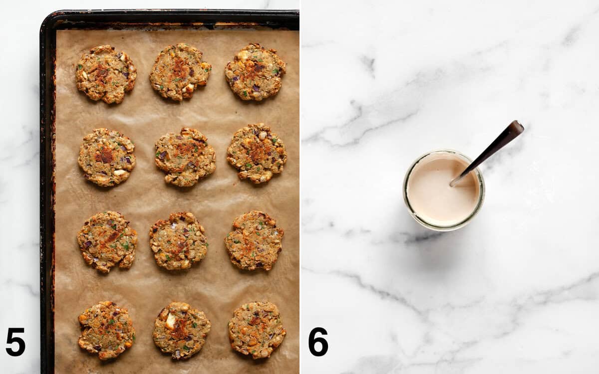 Baked fritters on a sheet pan. Tahini sauce stirred in a small bowl.