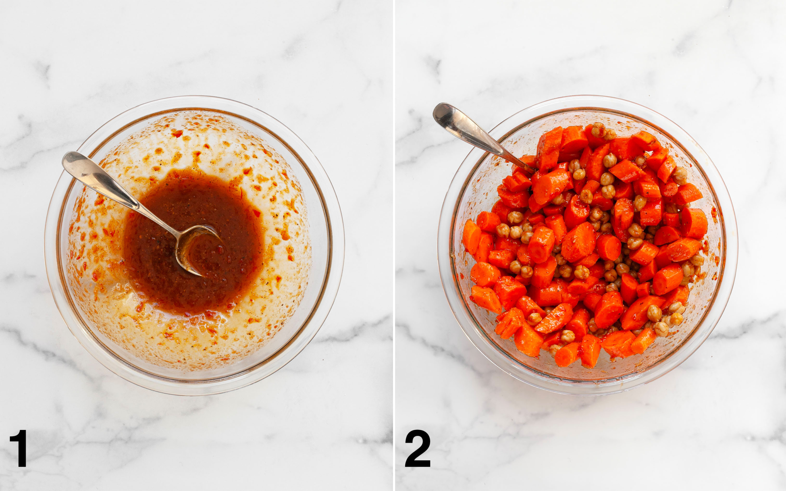 Marinade in a bowl. Carrots and chickpeas stirred into marinade.