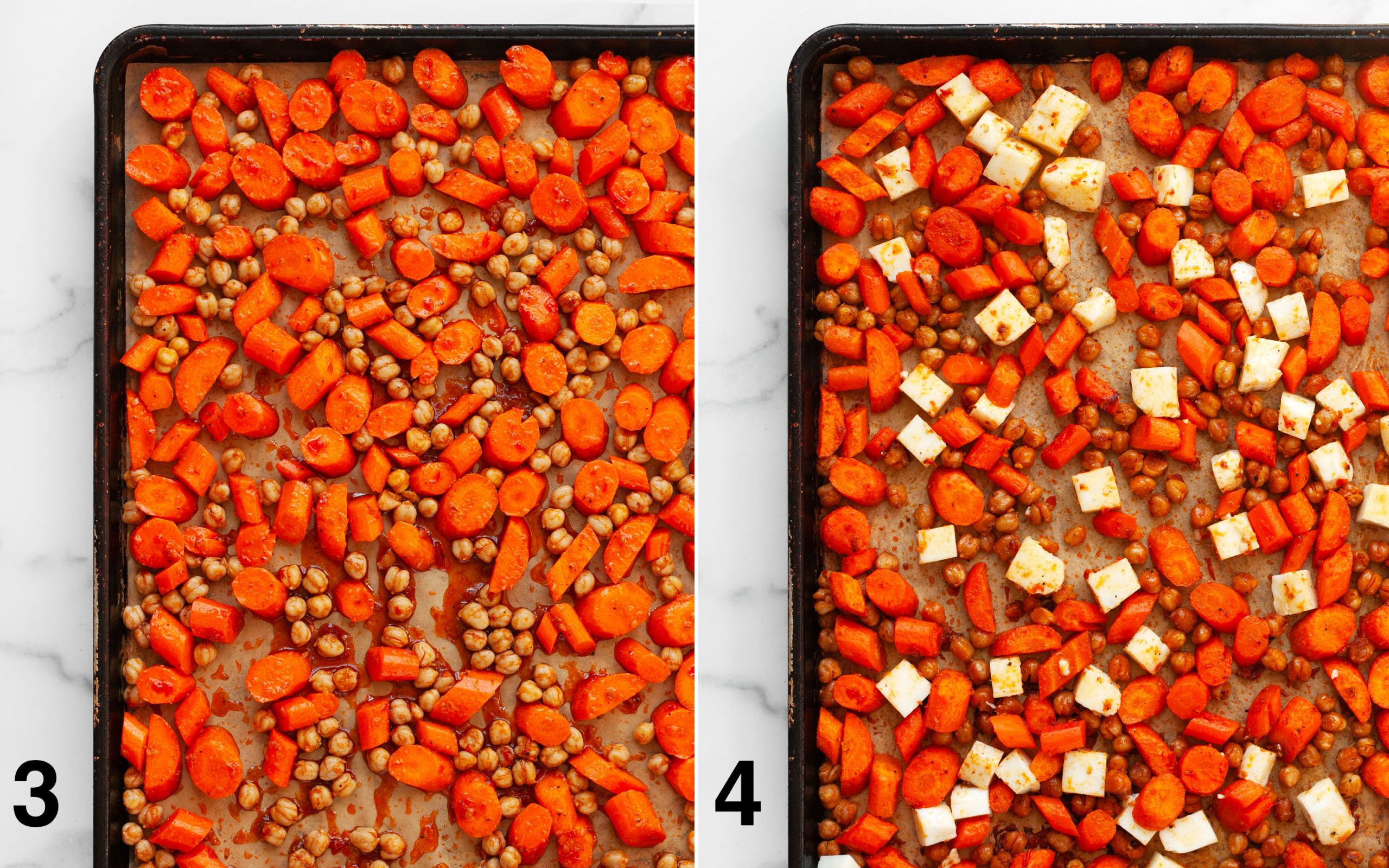 Carrots and chickpeas on a sheet pan partially roasted. Halloumi added to the pan.