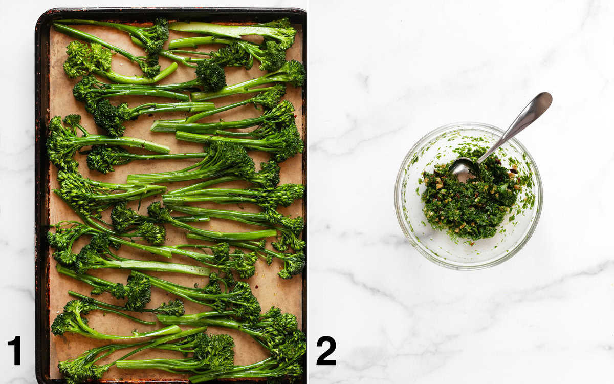 Broccolini on a sheet pan. Gremolata stirred in a bowl.