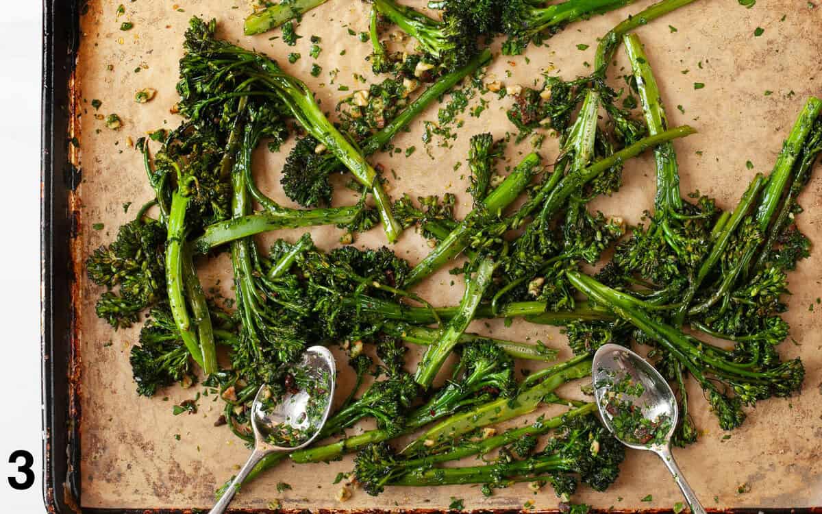 Roasted broccolini toasted with gremolata on a sheet pan.